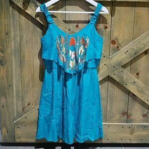 TEAL SEQUINS NATIVE MINI DRESS TRIBAL COLORFUL COWGIRL SIZE SMALL